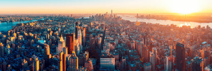 Panoramic Canvas Manhattan City Aerial Sunset Photograph High Quality 100% Australian Made Wall Canvas Print Ready to Hang