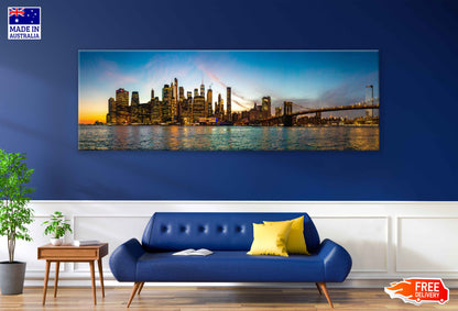 Panoramic Canvas Manhattan City Night View Photograph High Quality 100% Australian Made Wall Canvas Print Ready to Hang