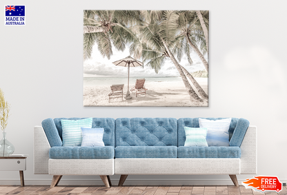 Beach Huts & Plam Trees Sea View Print 100% Australian Made