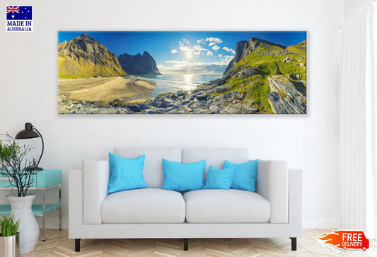 Panoramic Canvas Mountains & Sea Sky View Photograph High Quality 100% Australian Made Wall Canvas Print Ready to Hang