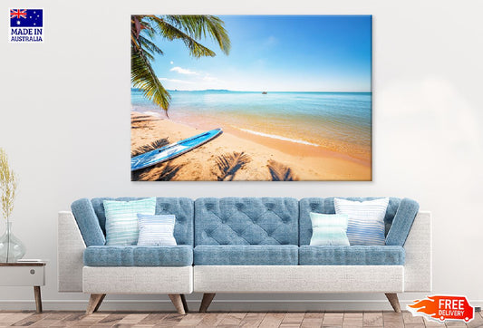 Surfboard Near Sea with Palm Tree Photograph Print 100% Australian Made