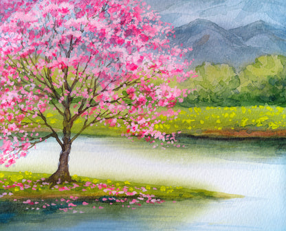 Wallpaper Murals Peel and Stick Removable Peach Tree & Lake View Scenery Watercolor Painting High Quality