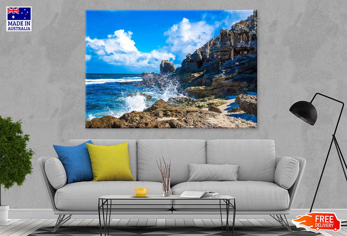 Waves on Rocks Sea Blue Sky View Photograph Print 100% Australian Made