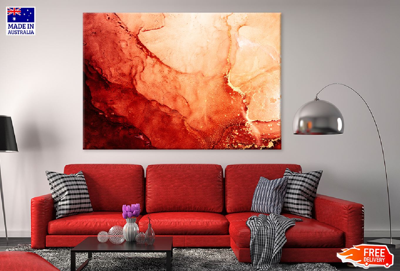 Red Orange & Gold Abstract Design Print 100% Australian Made