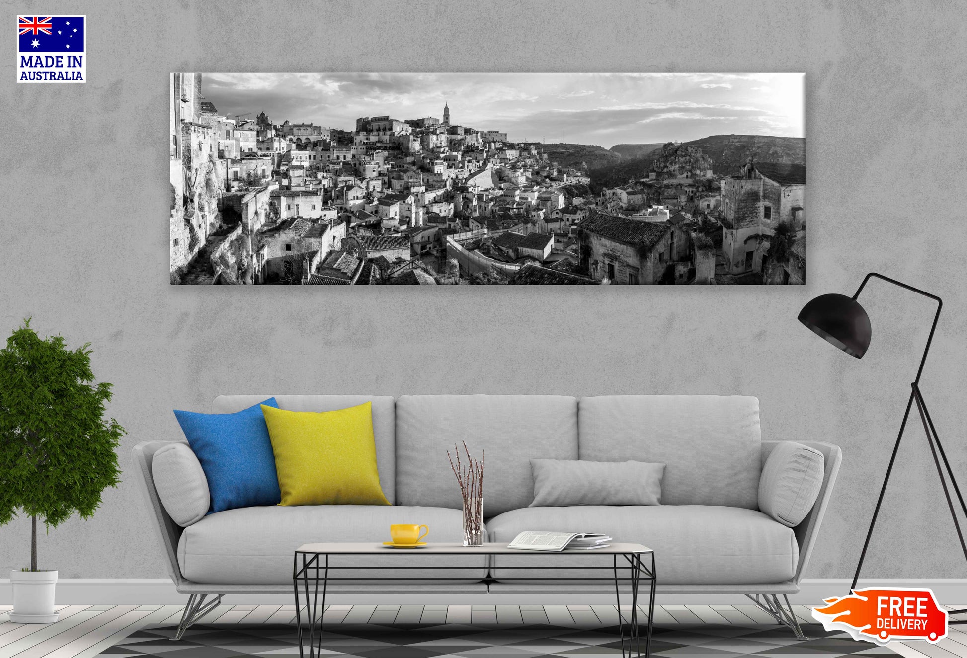 Panoramic Canvas Matera Town B&W View Photograph High Quality 100% Australian Made Wall Canvas Print Ready to Hang