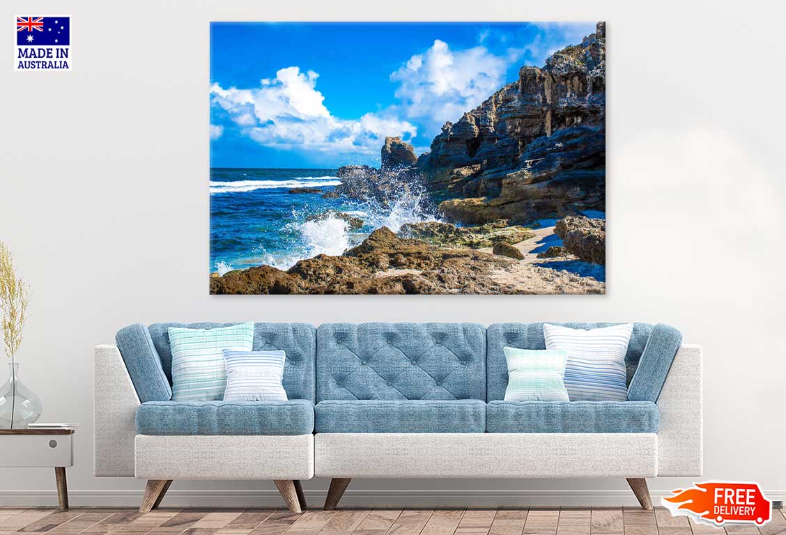 Waves on Rocks Sea Blue Sky View Photograph Print 100% Australian Made