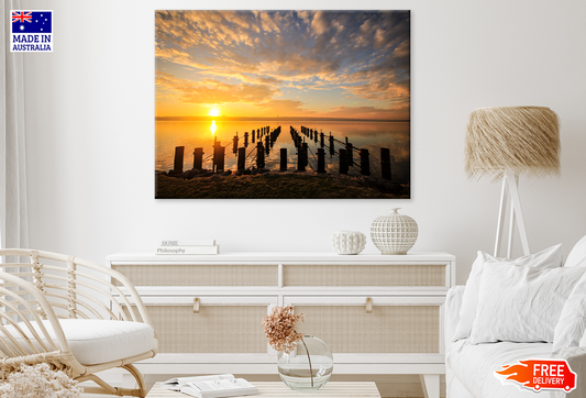 Wooden Pier On Sea Sunset View Print 100% Australian Made