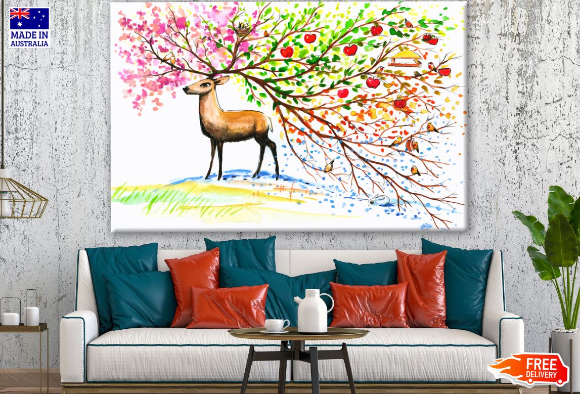 Deer & Colorful Tree Watercolor Painting Print 100% Australian Made