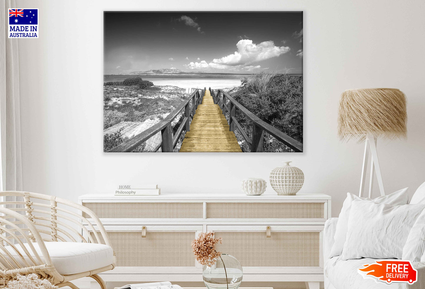 Wooden Path to Beach B&W View Photograph Print 100% Australian Made