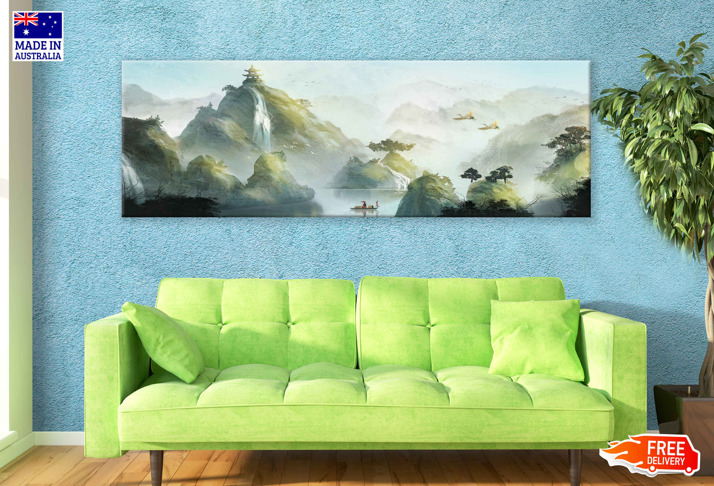 Panoramic Canvas Mountains & Lake Watercolor Painting High Quality 100% Australian Made Wall Canvas Print Ready to Hang