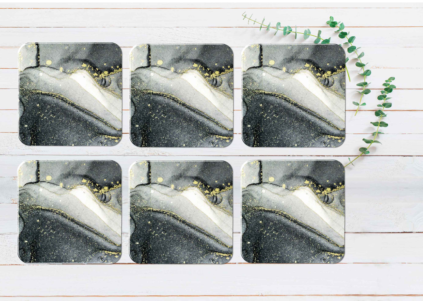 Gold Splash Grey Black Abstract Coasters Wood & Rubber - Set of 6 Coasters