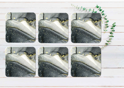 Gold Splash Grey Black Abstract Coasters Wood & Rubber - Set of 6 Coasters