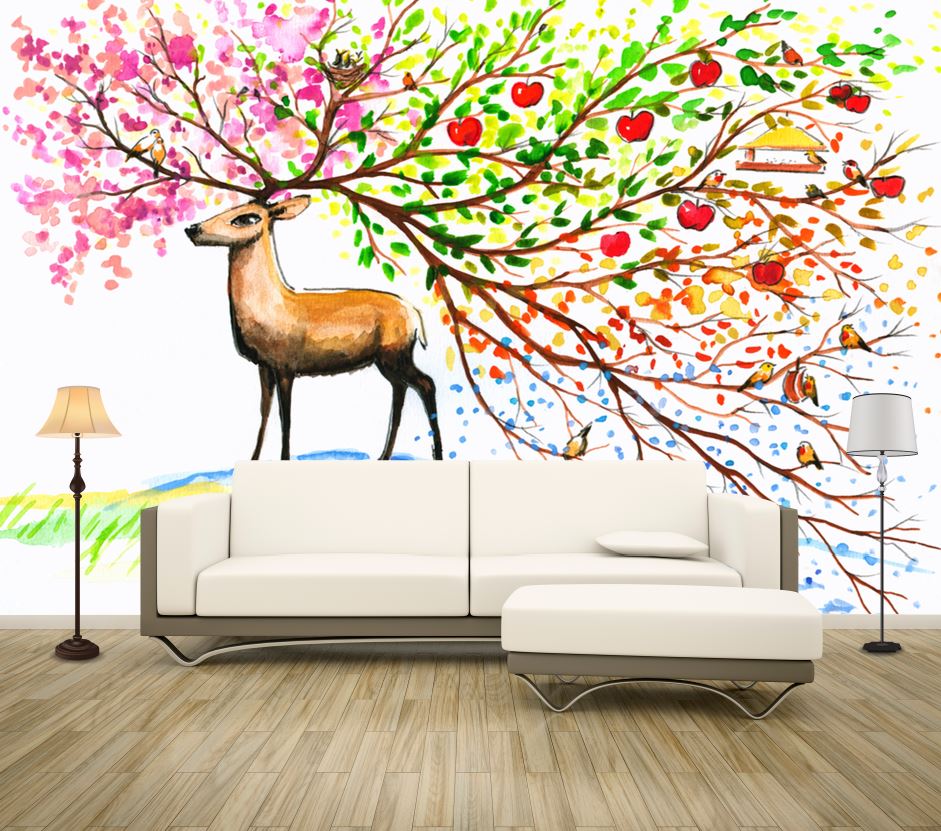 Wallpaper Murals Peel and Stick Removable Colorful Tree on Deer Head Painting High Quality