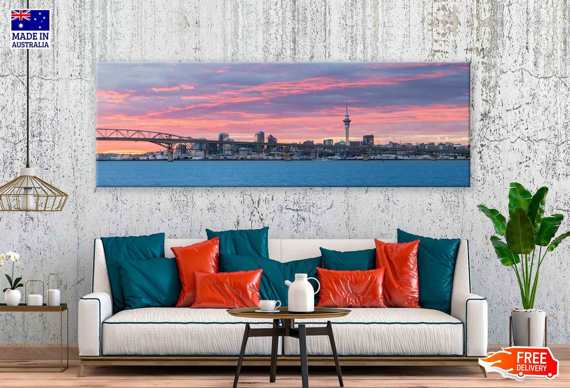 Panoramic Canvas City of Auckland With Pink Sky High Quality 100% Australian Made Wall Canvas Print Ready to Hang