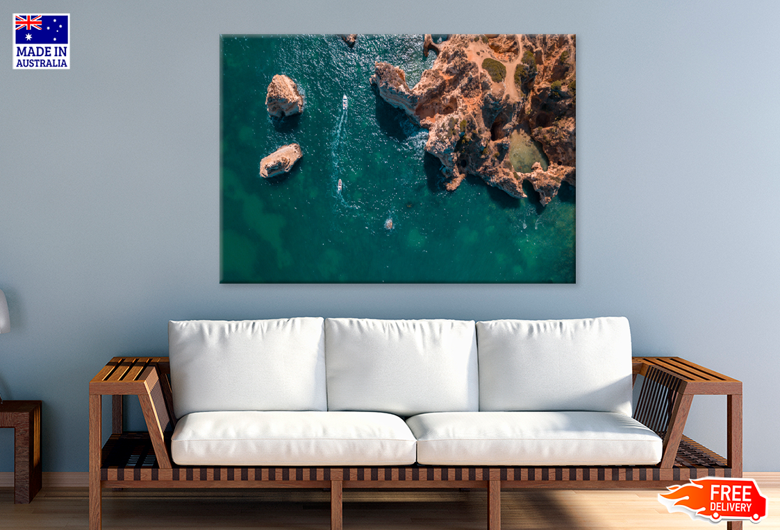 Boats On Sea & Rocks Aerial View Photograph Print 100% Australian Made