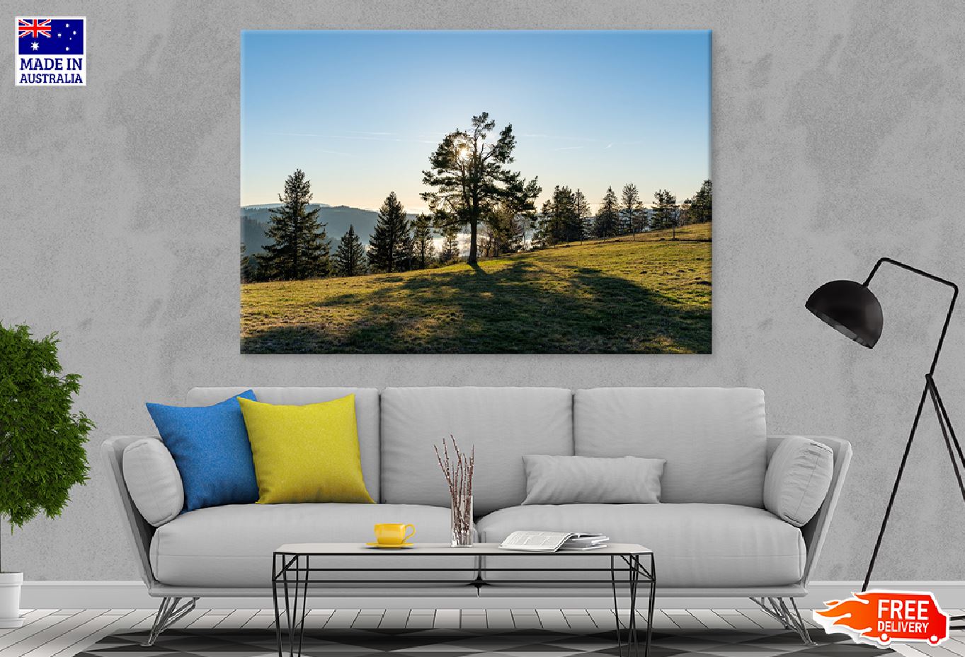 Trees on Hill Sunshine Scenery Photograph Print 100% Australian Made