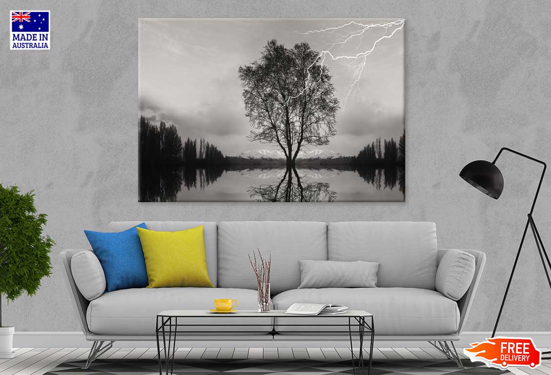 Tree on Lake & Thunderstorm B&W View Photograph Print 100% Australian Made