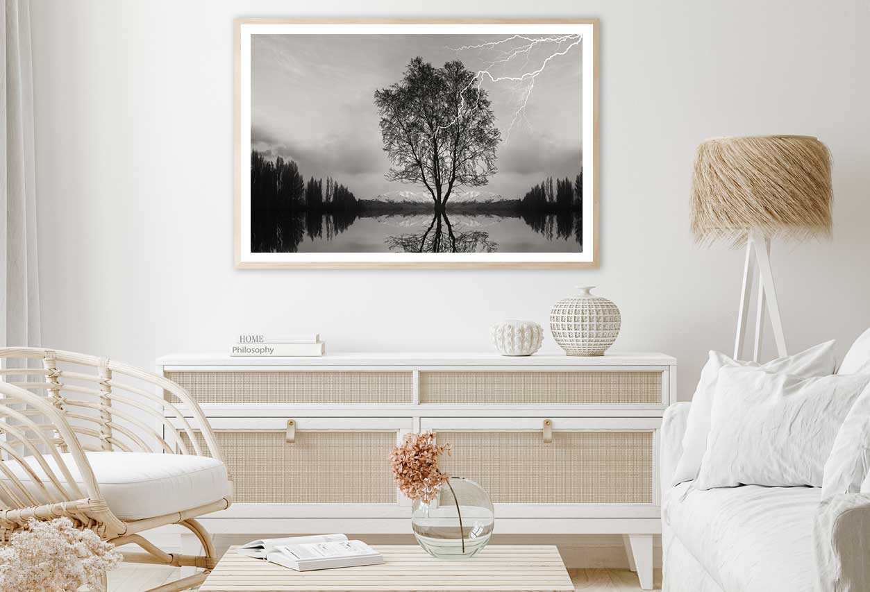 Tree on Lake & Thunderstorm B&W View Photograph Home Decor Premium Quality Poster Print Choose Your Sizes