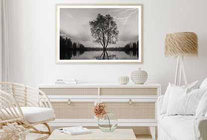 Tree on Lake & Thunderstorm B&W View Photograph Home Decor Premium Quality Poster Print Choose Your Sizes