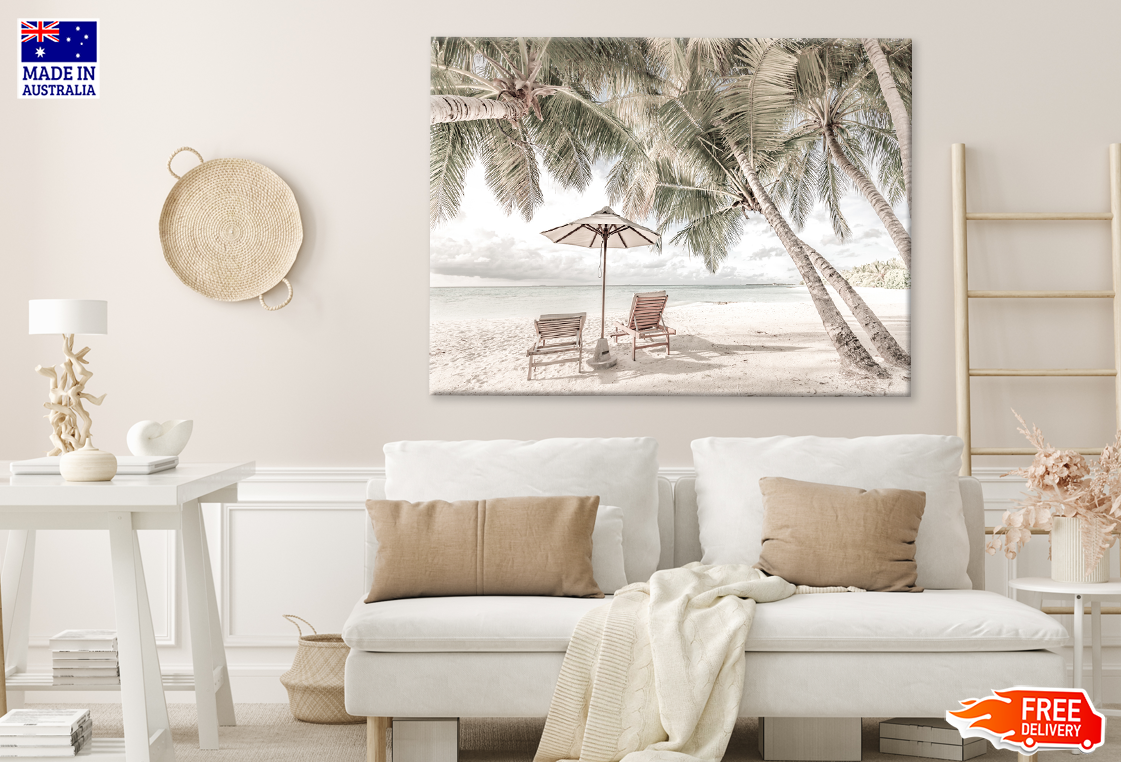 Beach Huts & Plam Trees Sea View Print 100% Australian Made