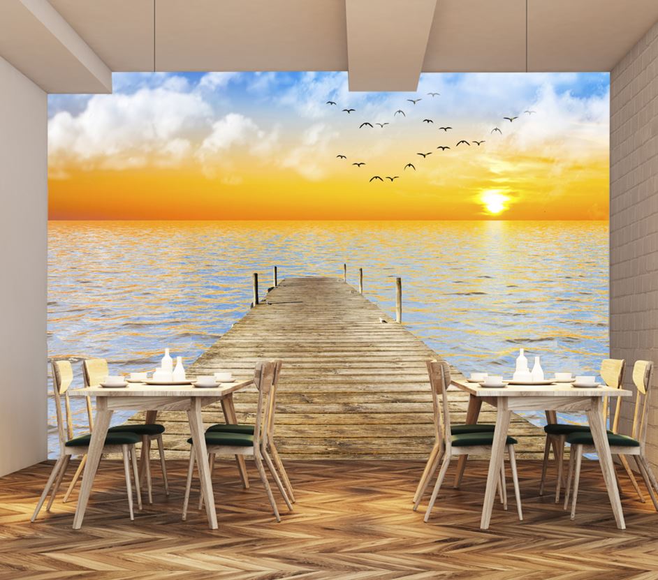 Wallpaper Murals Peel and Stick Removable Wooden Pier Over the Beach at Sunset High Quality