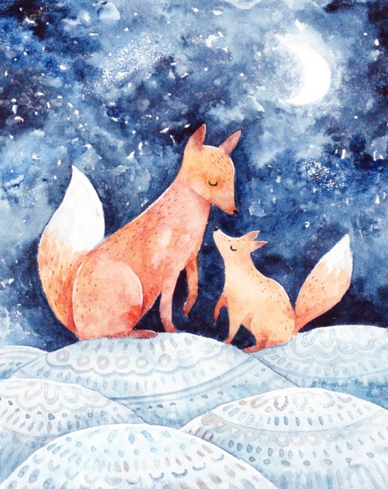 Watercolour Fox mother and child Art Nature Print 100% Australian Made