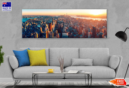 Panoramic Canvas Manhattan City Aerial Sunset Photograph High Quality 100% Australian Made Wall Canvas Print Ready to Hang