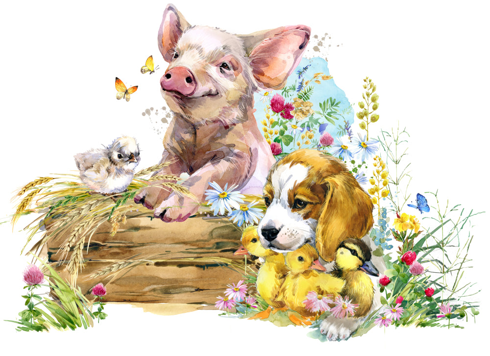 Pig, Dog, Chicks, Duck & Butterflies Animal Painting Print 100% Australian Made