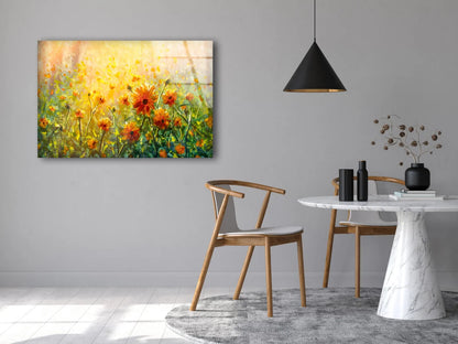 Orange Flower Field Watercolor Painting Acrylic Glass Print Tempered Glass Wall Art 100% Made in Australia Ready to Hang