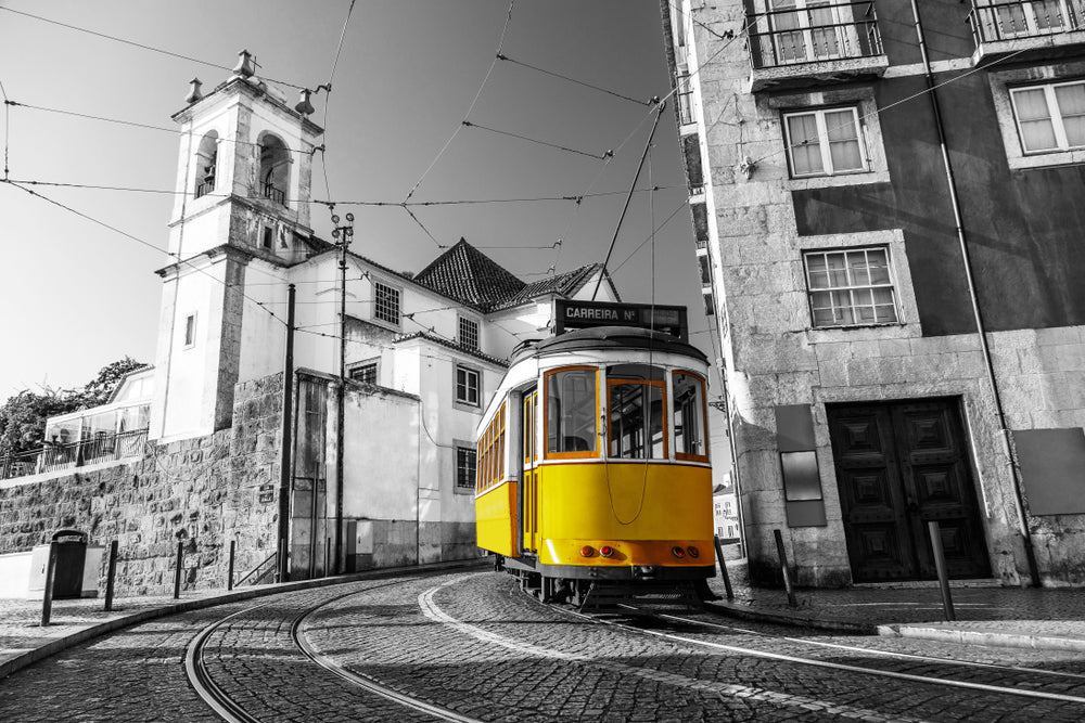 Yellow Tram In City Rail B&W Photograph Print 100% Australian Made