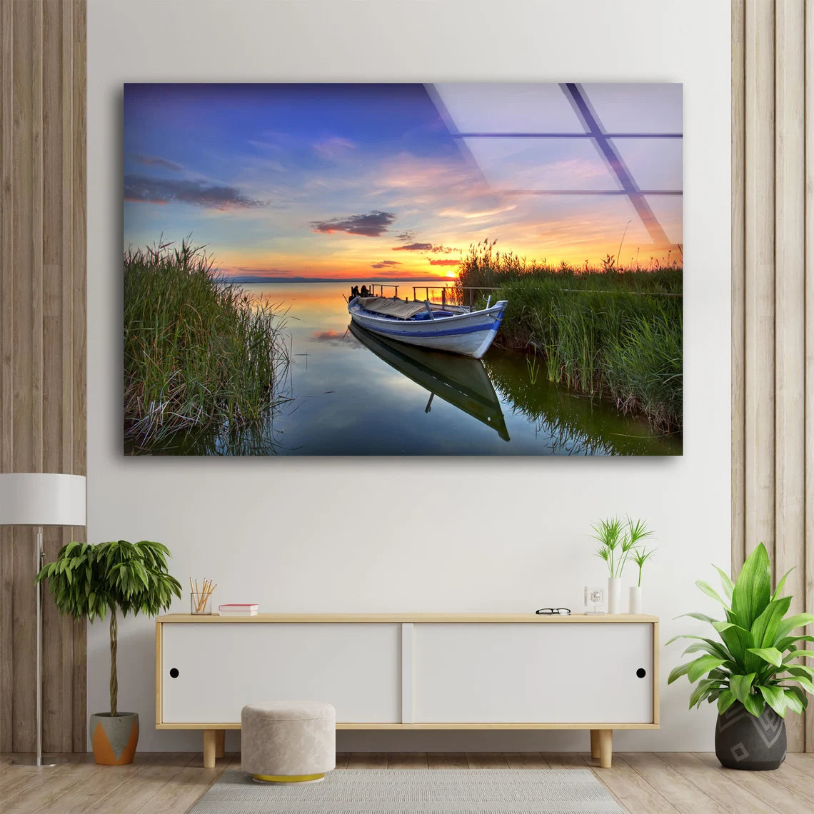 Boat on Lake Sunset Scenery Photograph Acrylic Glass Print Tempered Glass Wall Art 100% Made in Australia Ready to Hang