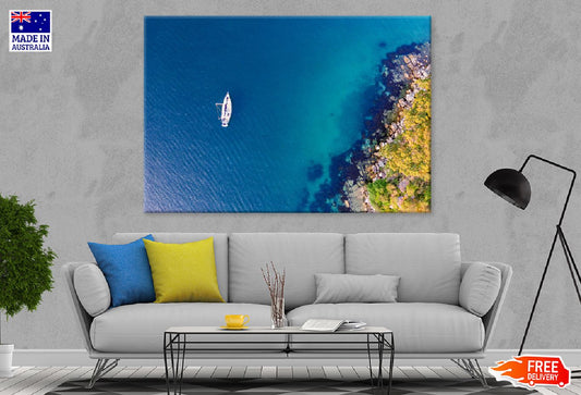 Boat on Blue Sea Aerial View Photograph Print 100% Australian Made