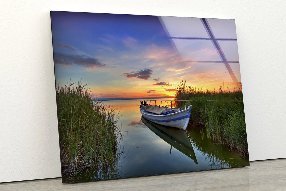 Boat on Lake Sunset Scenery Photograph Acrylic Glass Print Tempered Glass Wall Art 100% Made in Australia Ready to Hang