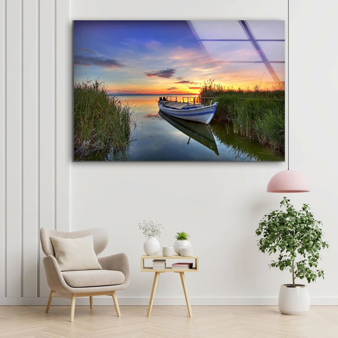 Boat on Lake Sunset Scenery Photograph Acrylic Glass Print Tempered Glass Wall Art 100% Made in Australia Ready to Hang