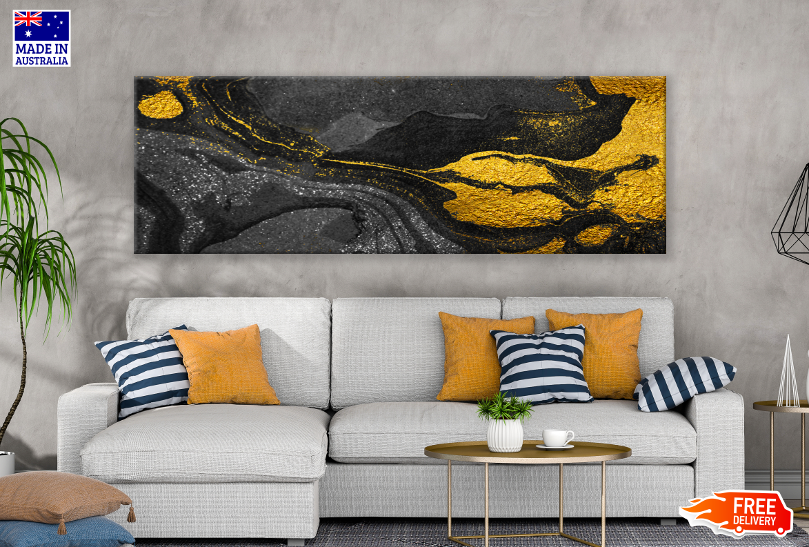 Panoramic Canvas Colourful Gold Black Abstract Design High Quality 100% Australian made wall Canvas Print ready to hang