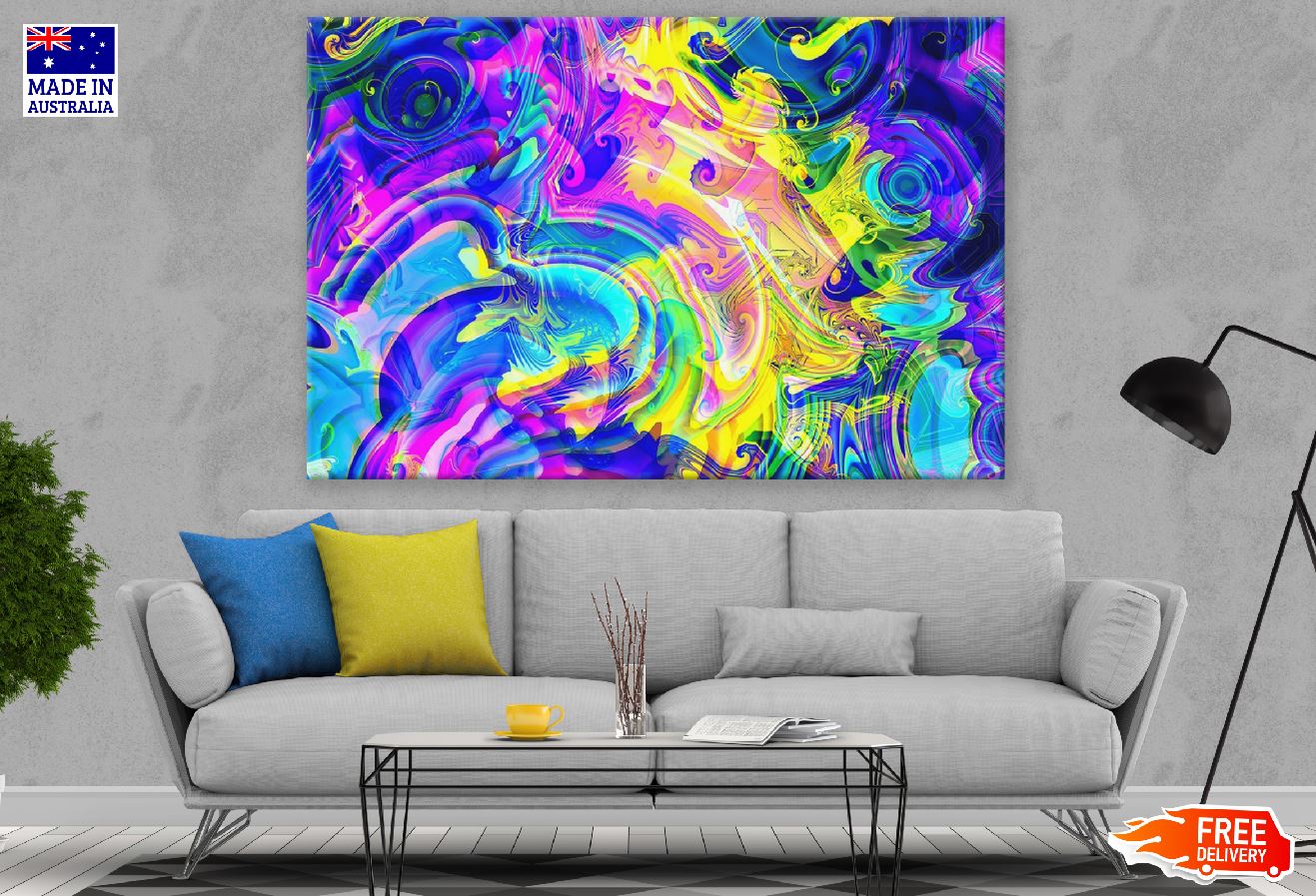 Blue Pink & Yellow Digital Art Abstract Design Print 100% Australian Made