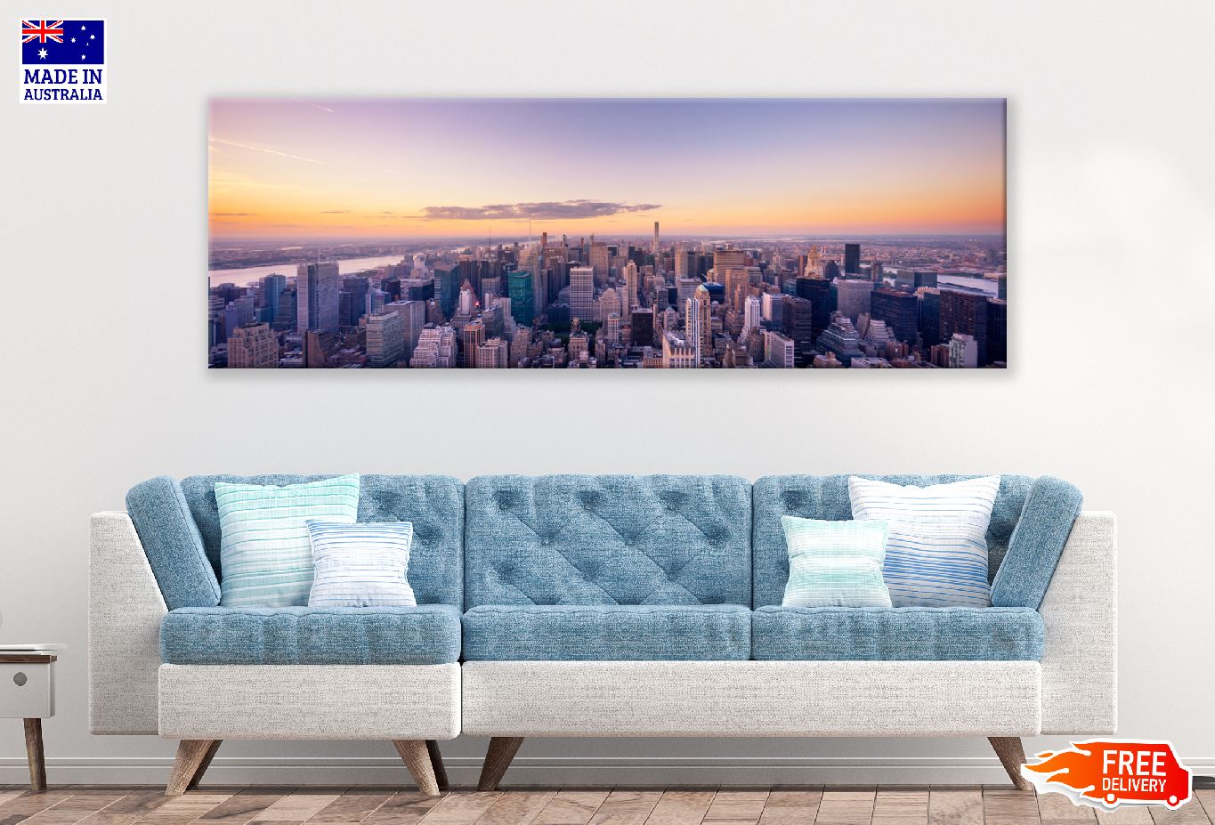 Panoramic Canvas New York City Aerial Sunset Photograph High Quality 100% Australian Made Wall Canvas Print Ready to Hang