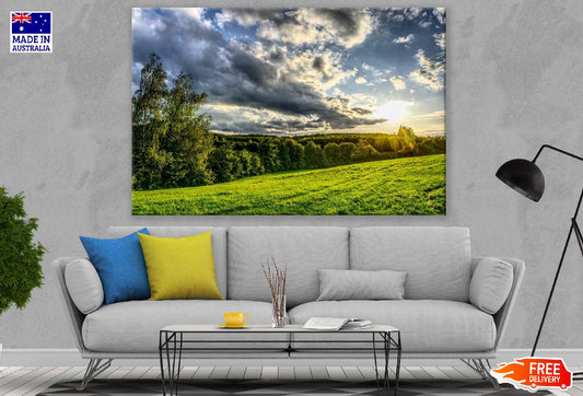 Green Grass Field Under Clouds & Sunrise Photograph Print 100% Australian Made