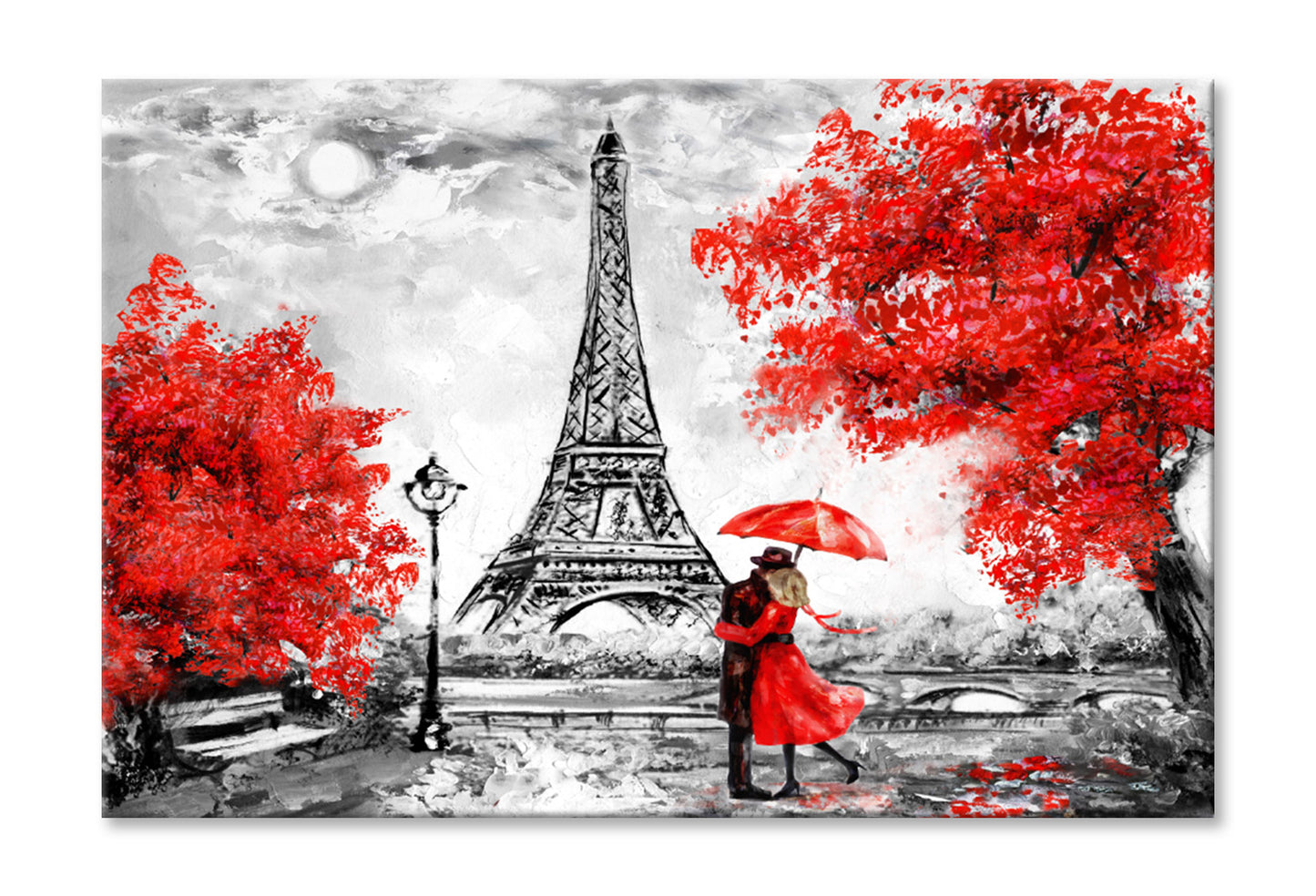 Red Couple & Trees near Eiffle Tower Watercolor Painting Wall Art Limited Edition High Quality Print