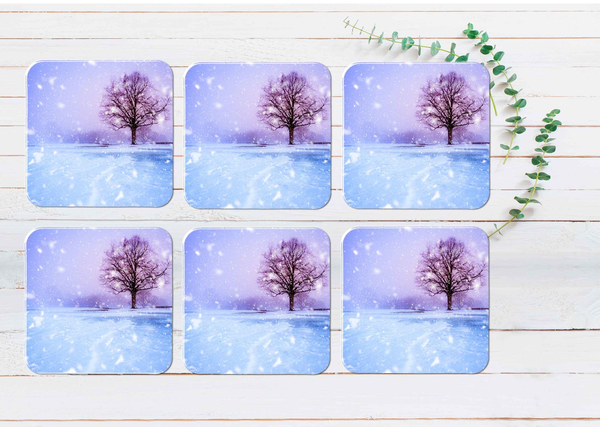 Snowflakes Falling During Winter Coasters Wood & Rubber - Set of 6 Coasters