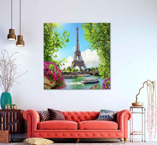 Square Canvas Boats on Lake & Eiffel Tower Photograph High Quality Print 100% Australian Made