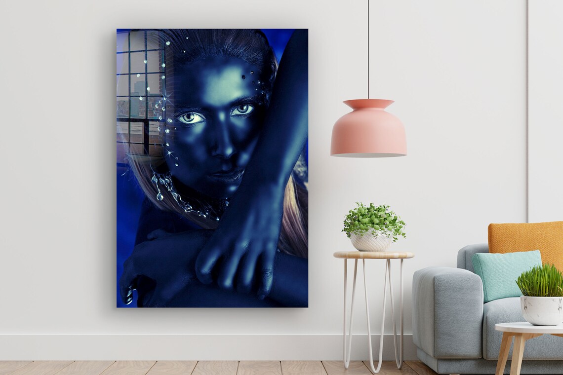 Fashion Blue Woman View Print Tempered Glass Wall Art 100% Made in Australia Ready to Hang