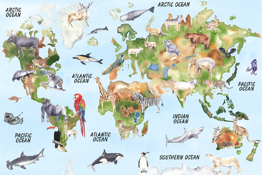 Animals on World Map Illustration Print 100% Australian Made