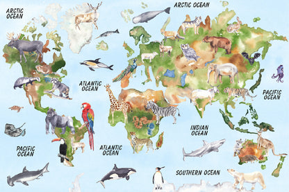 Animals on World Map Illustration Print 100% Australian Made