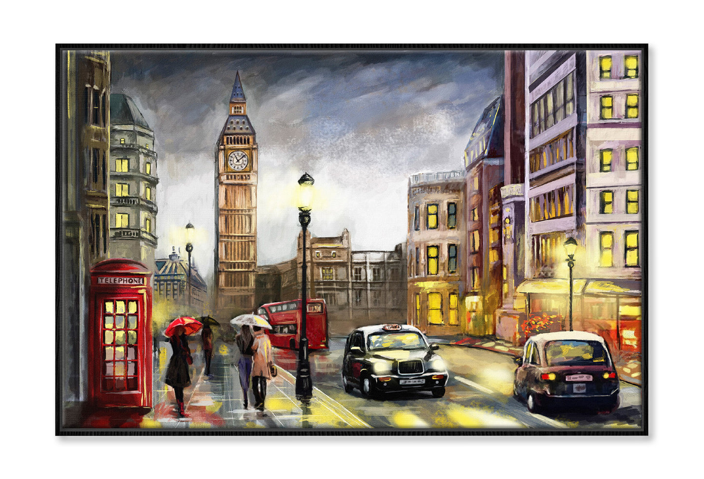 Big Ben Street View London Watercolor Painting Wall Art Limited Edition High Quality Print Canvas Box Framed Black