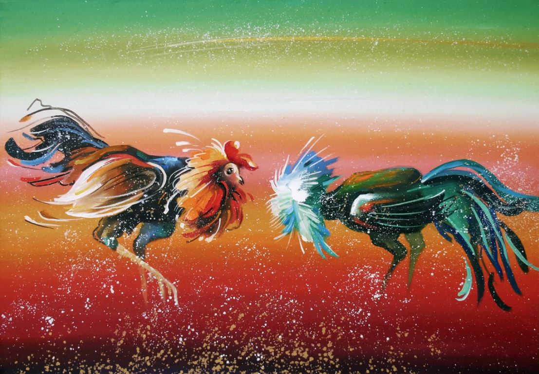 Roosters Fighting Oil Painting Home Decor Premium Quality Poster Print Choose Your Sizes