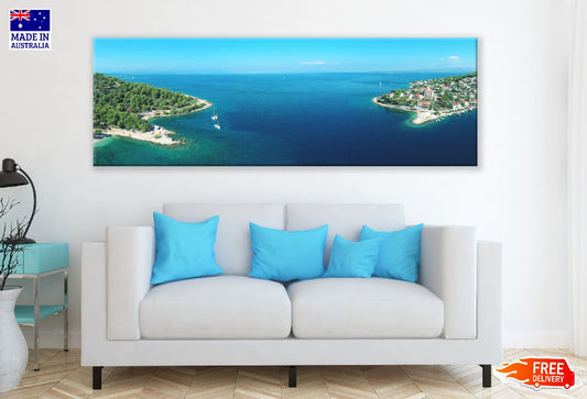 Panoramic Canvas Boats Island Aerial View Photograph High Quality 100% Australian Made Wall Canvas Print Ready to Hang