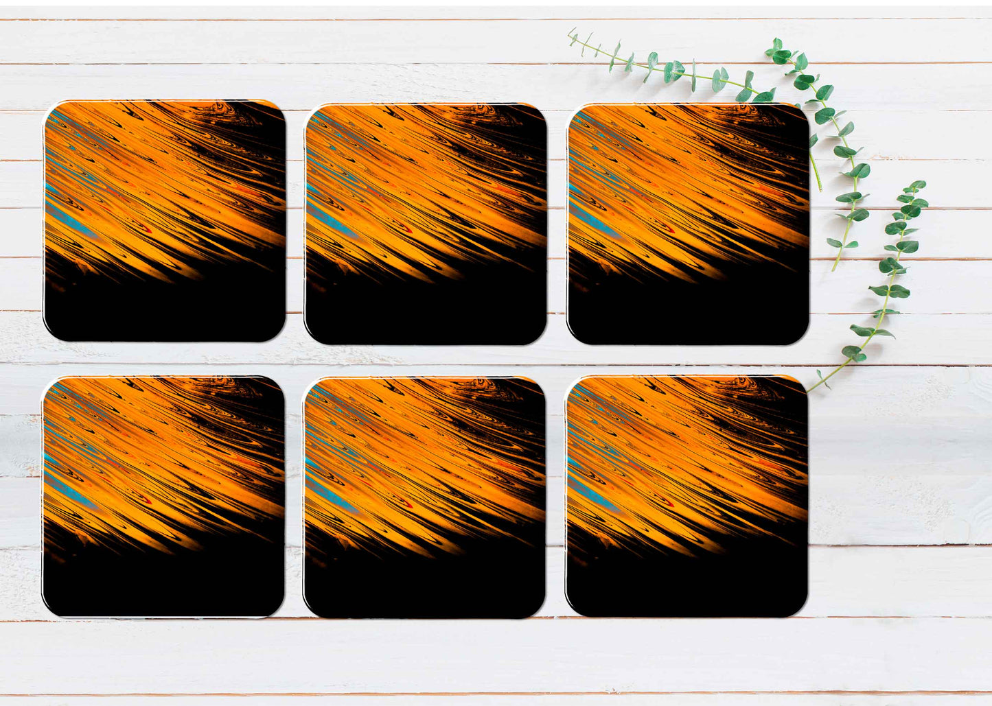 Orange, Blue & Black Abstract Coasters Wood & Rubber - Set of 6 Coasters