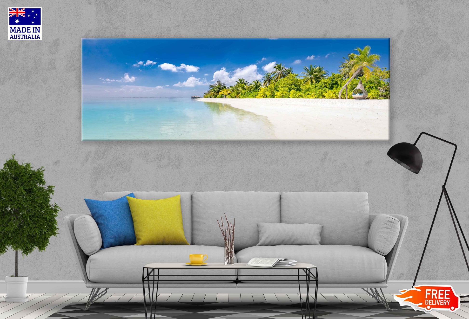 Panoramic Canvas Calm Sea with Swing View Photograph High Quality 100% Australian Made Wall Canvas Print Ready to Hang
