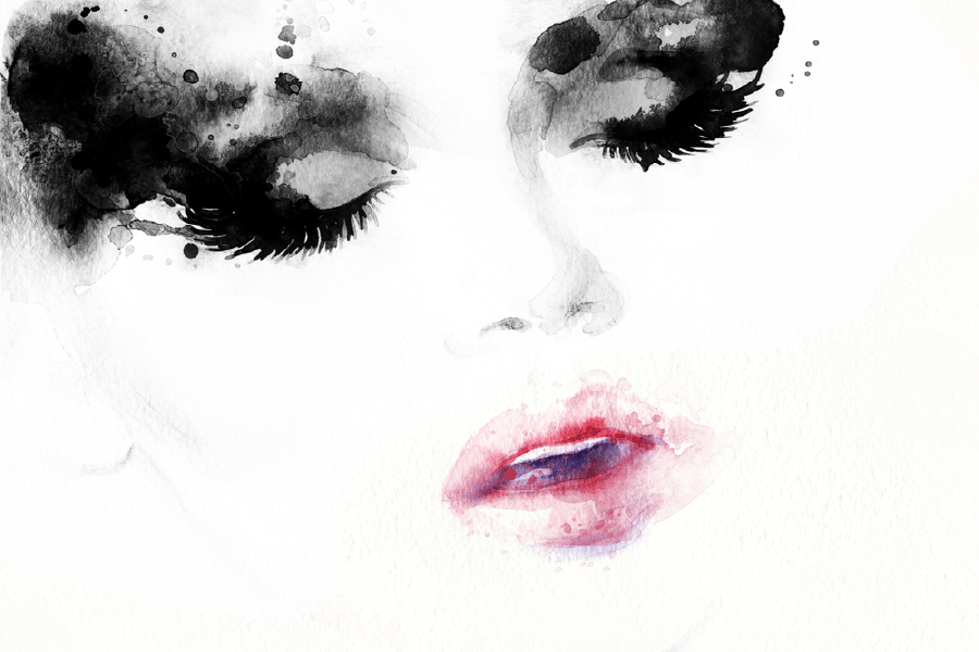 Girl Closeup Face with Red Lips B&W Watercolor Painting Print 100% Australian Made